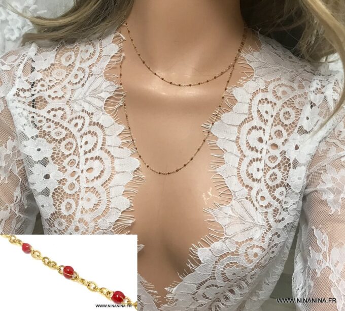 N6806c Collier sautoir perles rouges minimaliste en acier doré - Bijoux Colliers en ligne Ninanina