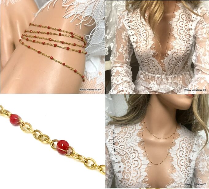 N6806d Collier sautoir perles rouges minimaliste en acier doré - Bijoux Colliers en ligne Ninanina