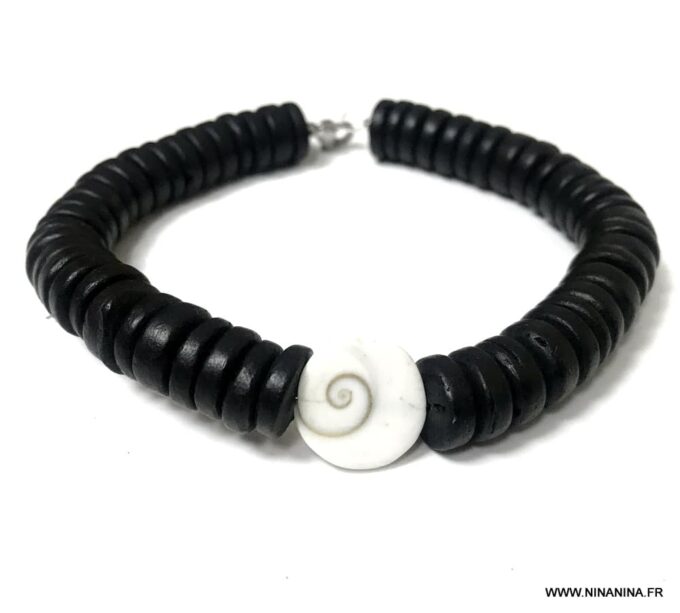 N6810 Bracelet œil st lucie homme porte bonheur perles bois noir - Bijoux Bracelets en ligne Ninanina