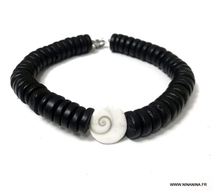 N6810b Bracelet œil st lucie homme porte bonheur perles bois noir - Bijoux Bracelets en ligne Ninanina