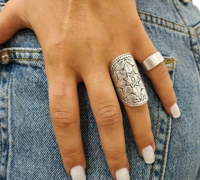 N6812a Bague mandala large etain plaqué argent ajustable boheme chic - Bijoux Bagues en ligne Ninanina