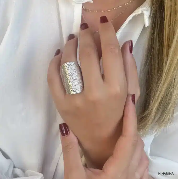 N6812b Bague mandala large etain plaqué argent ajustable - Bijoux Bagues en ligne Ninanina