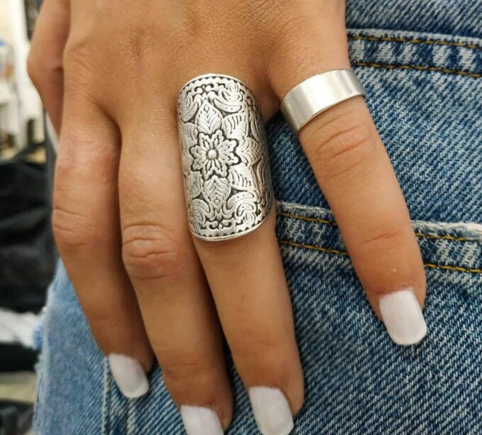 N6812c Bague mandala large etain plaqué argent ajustable boheme chic - Bijoux Bagues en ligne Ninanina
