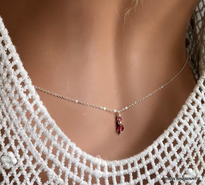 N6819 Chaine de taille Swarovski Argent pendentif perle cristal rose - Bijoux Swarovski en ligne Ninanina