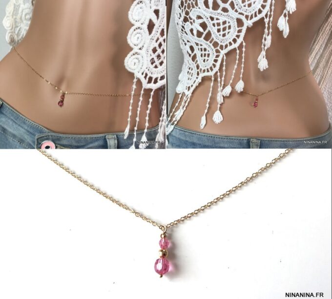 N6819b Chaine de taille Swarovski Argent pendentif perle cristal rose - Bijoux de corps en ligne Ninanina