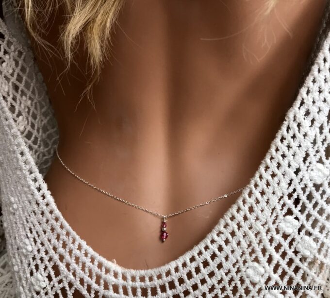 N6819c Chaine de taille Swarovski Argent pendentif perle cristal rose - Bijoux Swarovski en ligne Ninanina