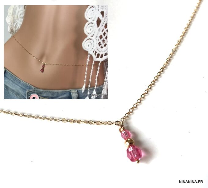 N6819d Chaine de taille Swarovski Argent pendentif perle cristal rose - Bijoux de corps en ligne Ninanina