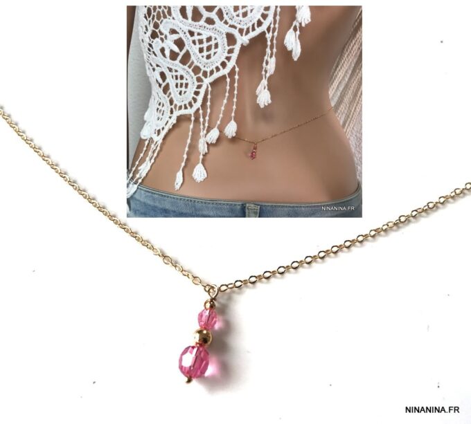 N6819g Chaine de taille Swarovski Argent pendentif perle cristal rose - Bijoux de corps en ligne Ninanina