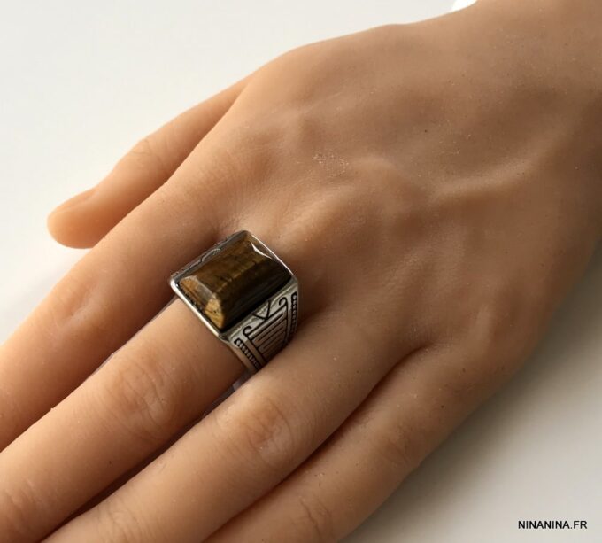 N6836 Chevaliere oeil de tigre homme acier inoxydable argent - Bijoux Bagues hommes en ligne Ninanina