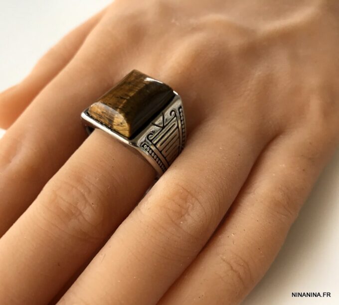 N6836a Chevaliere oeil de tigre homme acier inoxydable argent - Bijoux Bagues hommes en ligne Ninanina