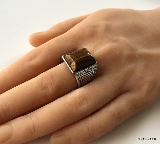 N6836b Chevaliere oeil de tigre homme acier inoxydable argent - Bijoux Bagues hommes en ligne Ninanina