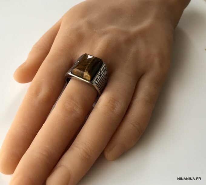 N6836c Chevaliere oeil de tigre homme acier inoxydable argent - Bijoux Bagues hommes en ligne Ninanina