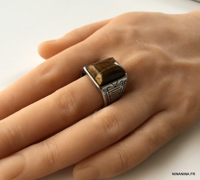 N6836d Chevaliere oeil de tigre homme acier inoxydable argent - Bijoux Bagues hommes en ligne Ninanina