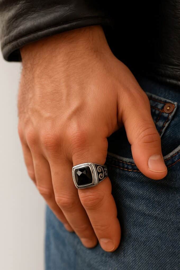 N6839 Bague Chevaliere triskel homme porte-bonheur acier inoxydable argent et pierre noire - Bijoux Bagues en ligne Ninana