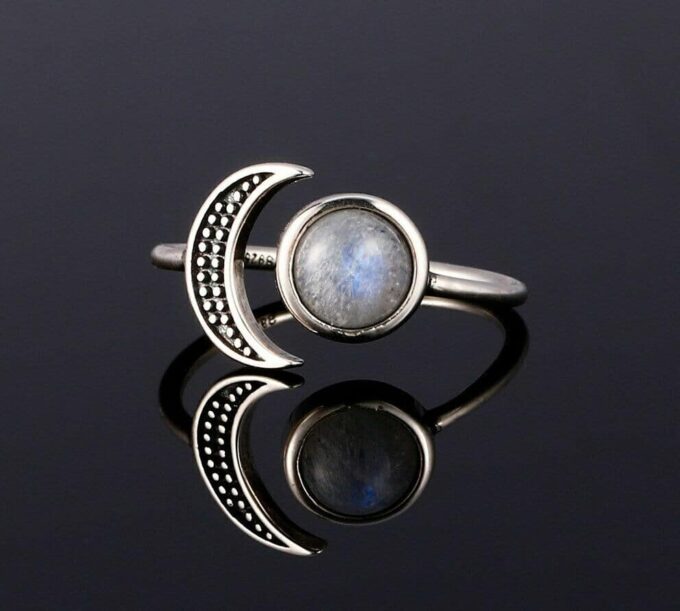N6847A Bague lune et soleil argent 925 et pierre de lune réglable - Bijoux Bagues en ligne Ninanina