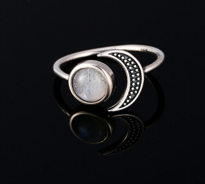 N6847B Bague lune et soleil argent 925 et pierre de lune réglable - Bijoux Bagues en ligne Ninanina
