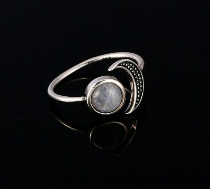 N6847C Bague lune et soleil argent 925 et pierre de lune réglable - Bijoux Bagues en ligne Ninanina