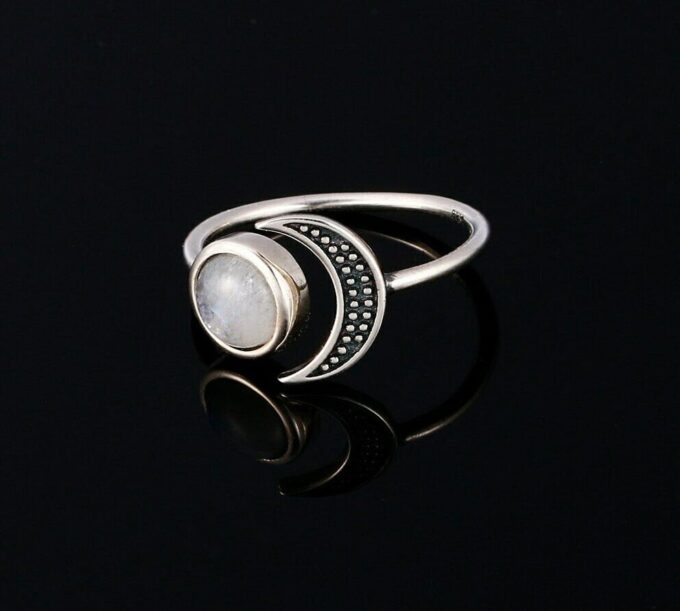N6847D Bague lune et soleil argent 925 et pierre de lune réglable - Bijoux Bagues en ligne Ninanina
