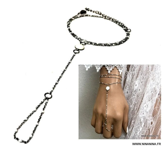 N6853b Bracelet avec doigt perle blanche acier inoxydable argent - Bijoux Bracelets en ligne Ninanina