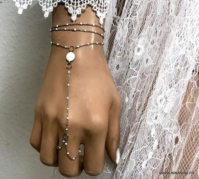 N6853c Bracelet avec doigt perle blanche acier inoxydable argent - Bijoux Bracelets en ligne Ninanina