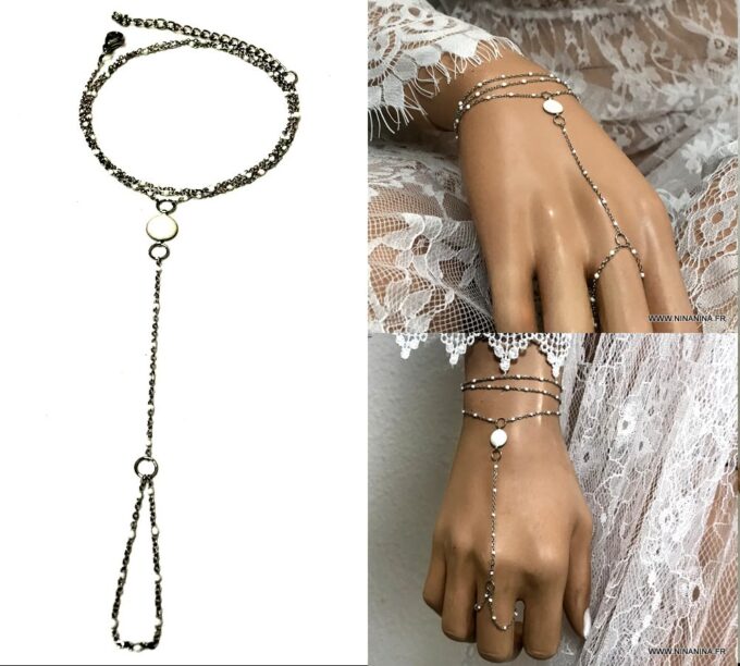 N6853d Bracelet avec doigt perle blanche acier inoxydable argent - Bijoux Bracelets en ligne Ninanina