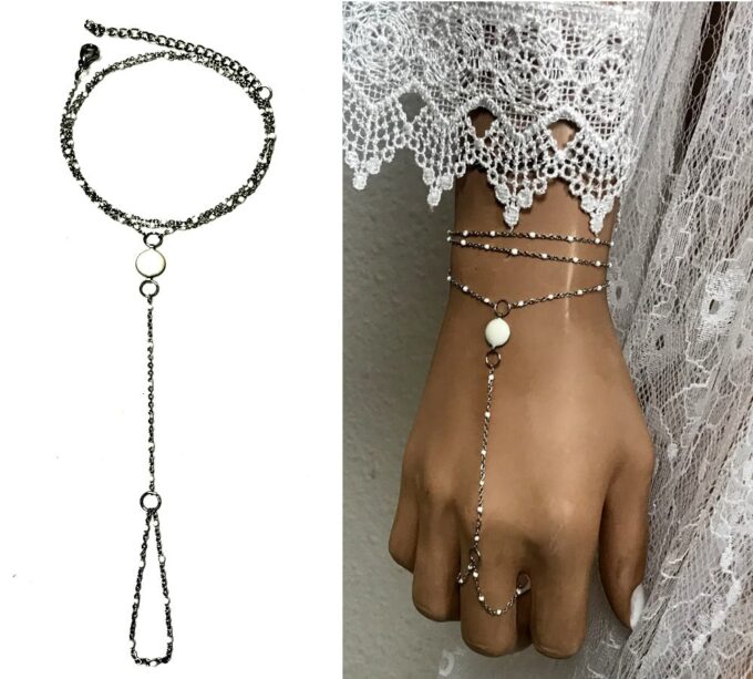 N6853f Bracelet avec doigt perle blanche acier inoxydable argent - Bijoux Bracelets en ligne Ninanina