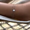 N6854 Chaine de cheville double rang Acier argent perles blanches - Bijoux Bracelets en ligne Ninanina