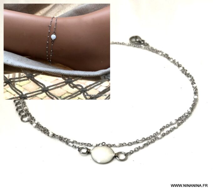 N6854a Chaine de cheville double rang Acier argent perles blanches - Bijoux Bracelets en ligne Ninanina