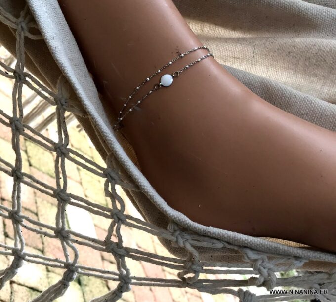 N6854d Chaine de cheville double rang Acier argent perles blanches - Bijoux Bracelets en ligne Ninanina