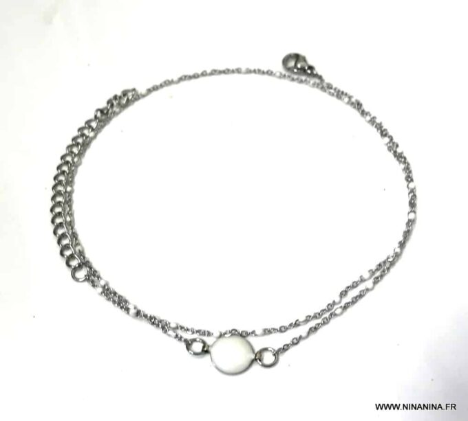 N6854f Chaine de cheville double rang Acier argent perles blanches - Bijoux Bracelets en ligne Ninanina