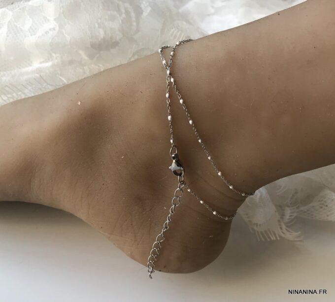 N6854j Chaine de cheville double rang Acier argent perles blanches - Bijoux Bracelets en ligne Ninanina