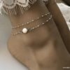 N6854l Chaine de cheville double rang Acier argent perles blanches - Bijoux Bracelets en ligne Ninanina
