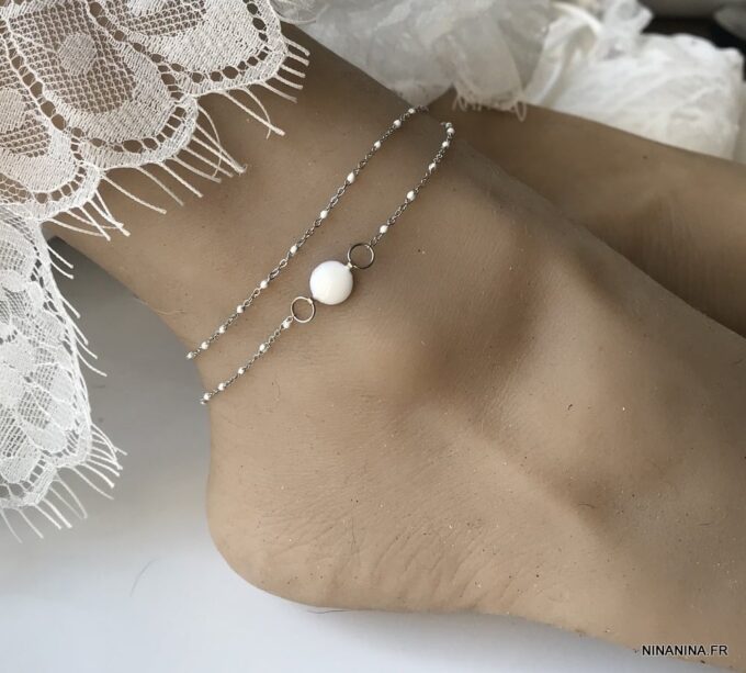 N6854m Chaine de cheville double rang Acier argent perles blanches - Bijoux Bracelets en ligne Ninanina