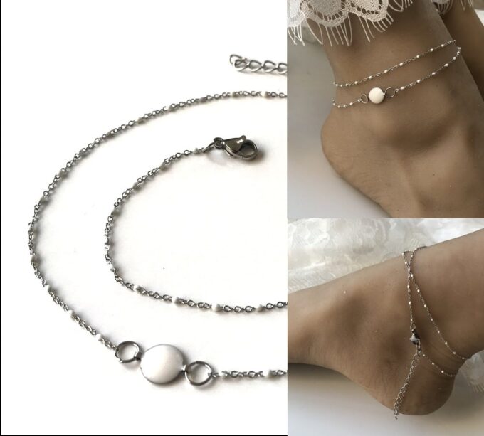 N6854n Chaine de cheville double rang Acier argent perles blanches - Bijoux Bracelets en ligne Ninanina