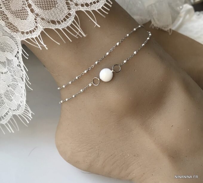 N6854p Chaine de cheville double rang Acier argent perles blanches - Bijoux Bracelets en ligne Ninanina