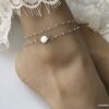N6854q Chaine de cheville double rang Acier argent perles blanches - Bijoux Bracelets en ligne Ninanina