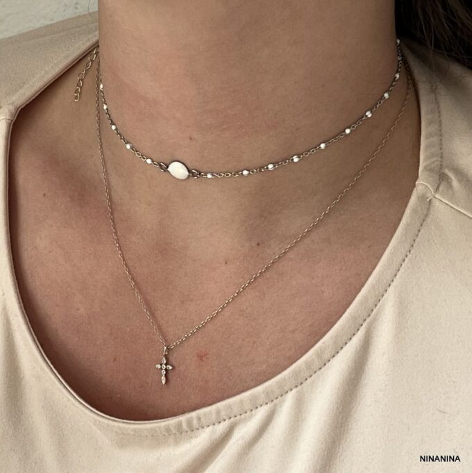 N6855 Collier Ras de cou perles blanches acier inoxydable argent femme - Bijoux Colliers Femmes en ligne Ninanina
