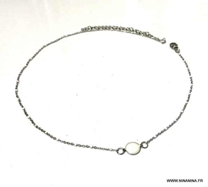 N6855c Ras de cou perles blanches acier inoxydable argent femme - Bijoux Colliers en ligne Ninanina