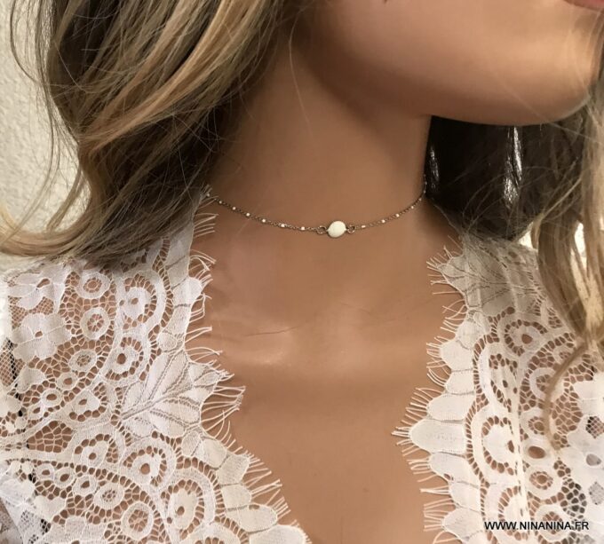 N6855d Ras de cou perles blanches acier inoxydable argent femme - Bijoux Colliers en ligne Ninanina