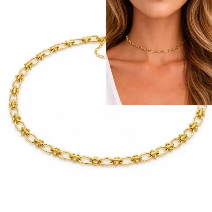 N8612cx Collier Or Femme Artisanal - Ras de cou grosse maille Acier Doré - Bijoux Colliers femmes en ligne Ninanina