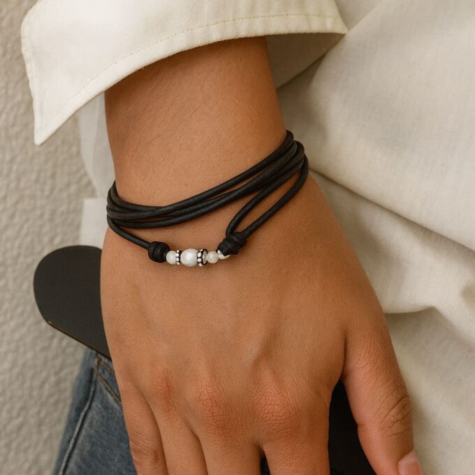 N6863a Bracelet aigue marine homme cordon cuir - Bijou pierre de naissance mois de mars - Bijoux Bracelets hommes en ligne Ninanina