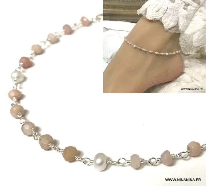 N6879 Chaine de cheville argent rose opale naturelle femme - Bijoux Chaines en ligne Ninanina