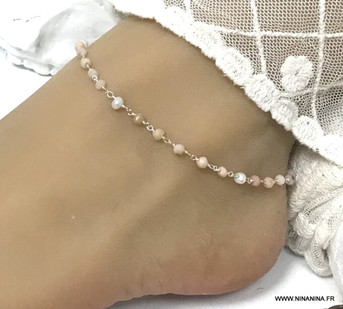 N6879a Chaine de cheville argent rose opale naturelle femme - Bijoux Chaines en ligne Ninanina
