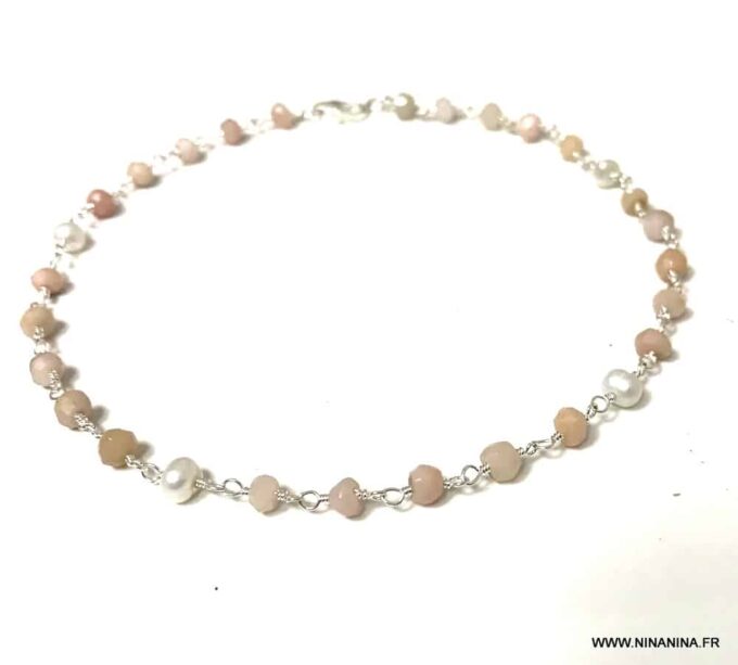 N6879c Chaine de cheville argent rose opale naturelle femme - Bijoux Chaines en ligne Ninanina