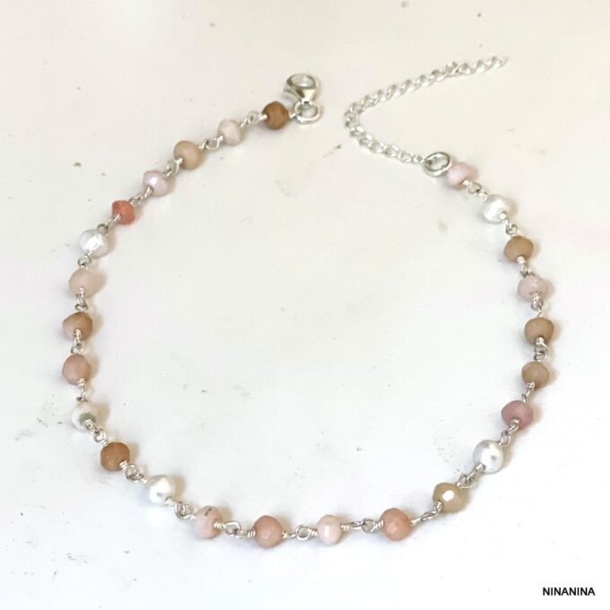 N6879I Chaine de cheville argent rose opale naturelle femme - Bijoux Chaines en ligne Ninanina
