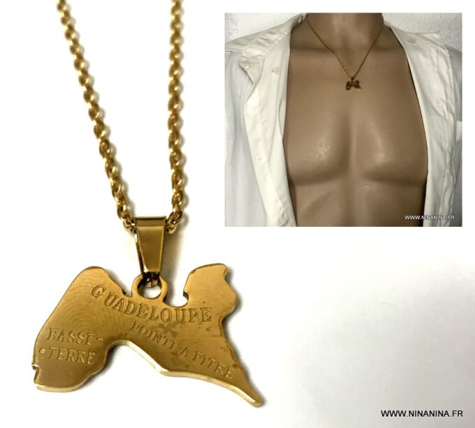 N5869b Collier Guadeloupe Acier inoxydable plaqué or homme - Bijoux Colliers en ligne Ninanina