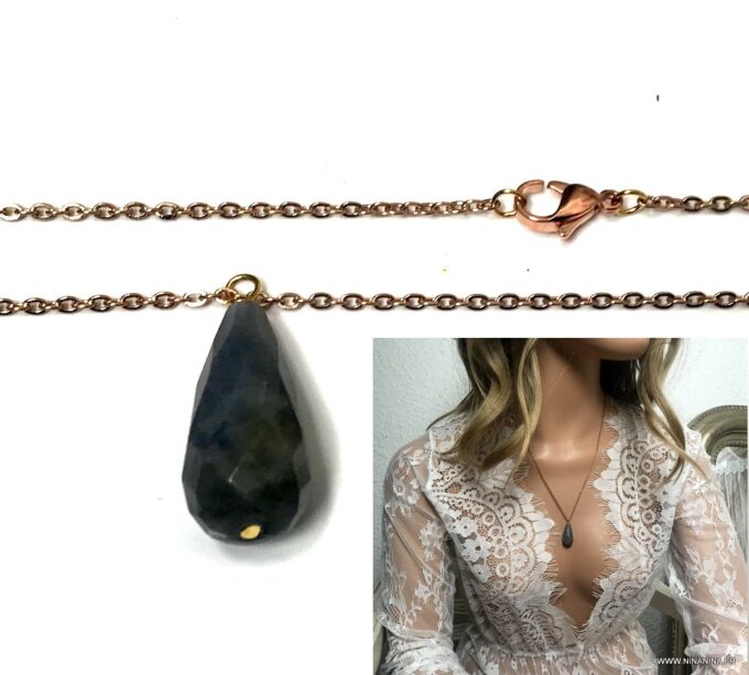N6850b Gros pendentif Labradorite sur chaine acier inoxydable or rose - Bijoux Colliers en ligne Ninanina