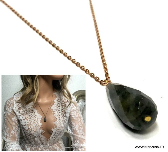 N6850d Gros pendentif Labradorite sur chaine acier inoxydable or rose - Bijoux Colliers en ligne Ninanina