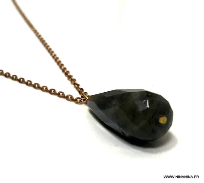 N6850f Gros pendentif Labradorite sur chaine acier inoxydable or rose - Bijoux Colliers en ligne Ninanina