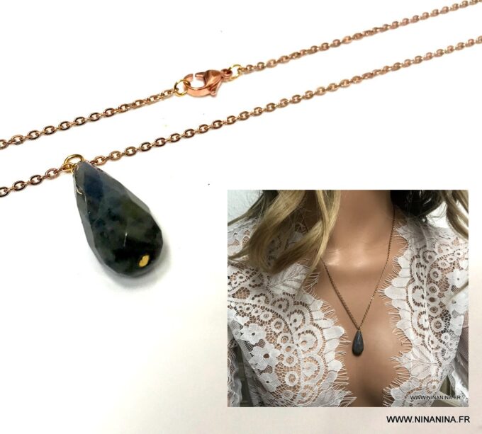 N6850g Gros pendentif Labradorite sur chaine acier inoxydable or rose - Bijoux Colliers en ligne Ninanina